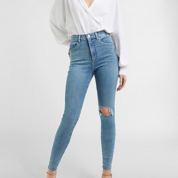 Express Denim - Super High Waisted Ripped Light Wash jeans Plus
